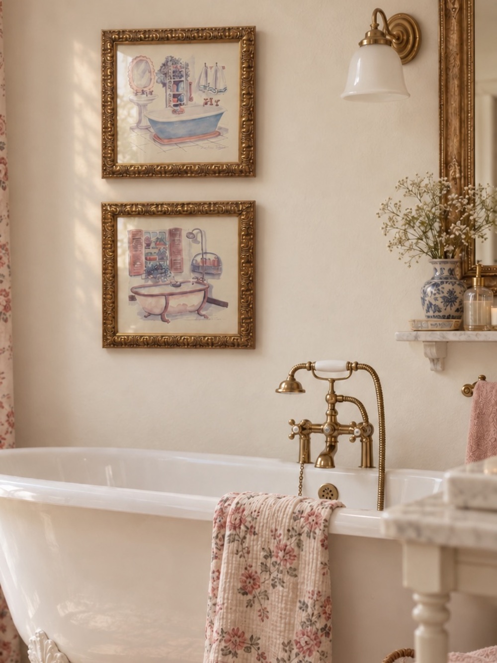 Vintage C. Winterle Olson Framed Art Set Ornate Gold Bathroom Prints (Pair)